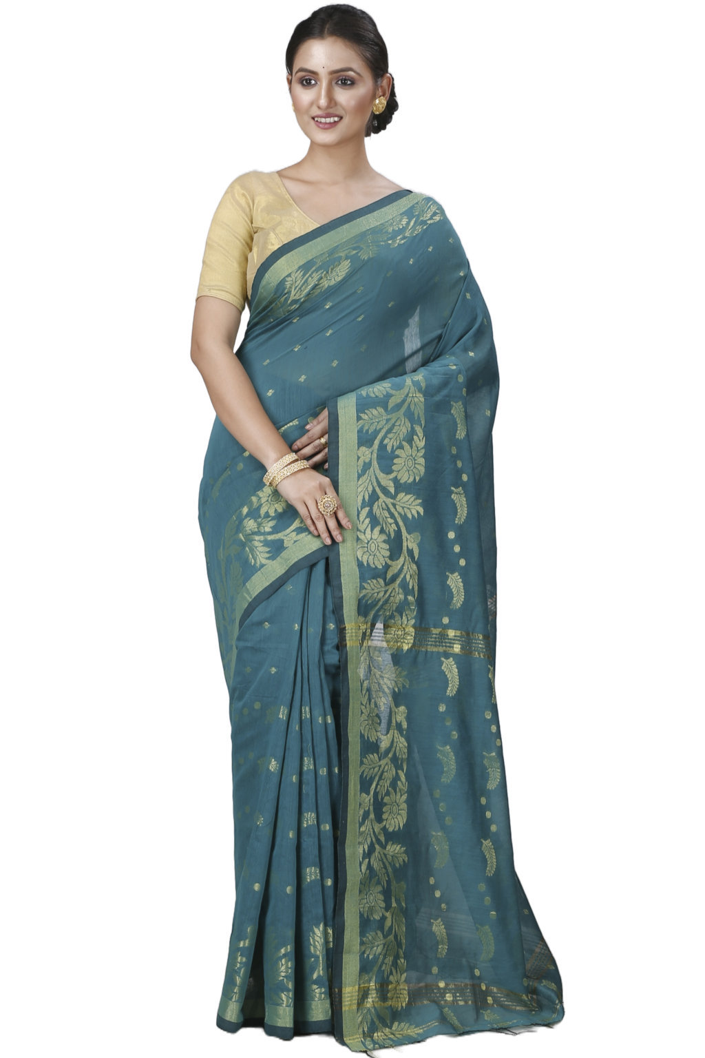 See Green Blended Cotton Turik Hand Loom Saree (1251)